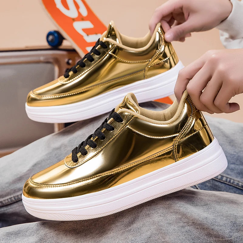 Men's Shiny Gold Patent Leather Skate Sneakers – Lace-Up Low-Top Casual Board Shoes, Sizes 39–47
