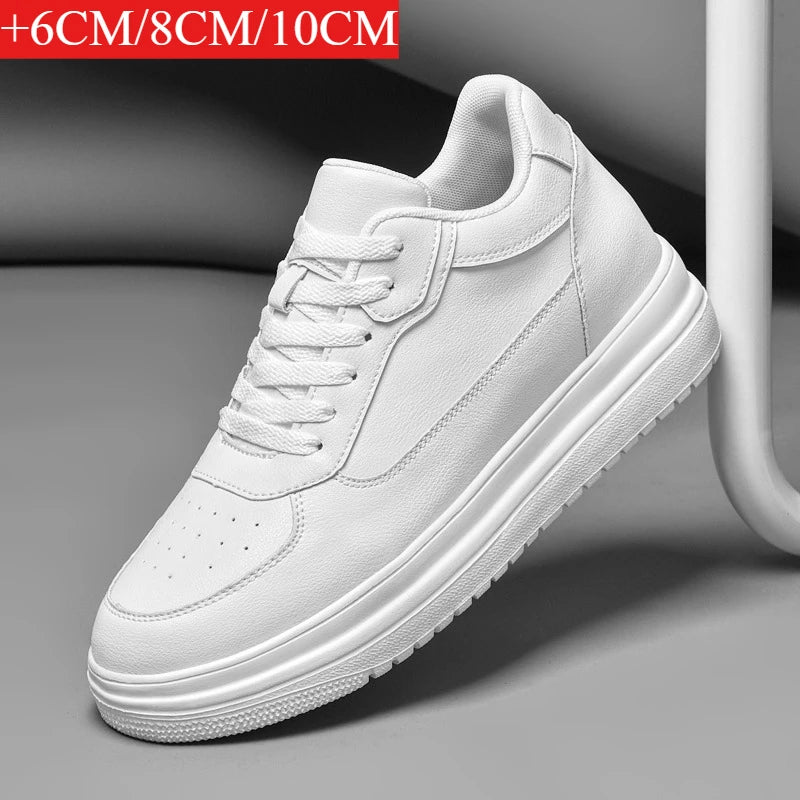 Men's Invisible Height-Increasing Trainers – White Leather Sport Shoes with 6–10 cm Lift (EU 36–46)