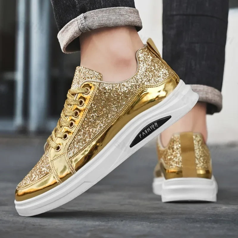 Men's Gold Platform Casual Sneakers – Lace-Up Glitter Fashion Shoes with Vulcanized Sole