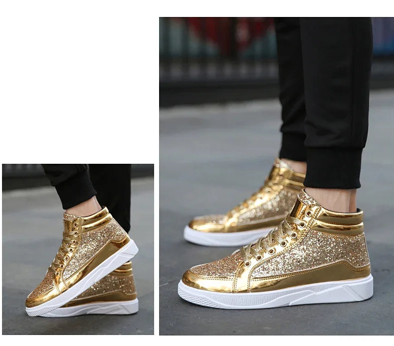 Men's Gold High-Top Casual Sneakers – Shiny Mirror Finish Lace-Up Fashion Streetwear Shoes