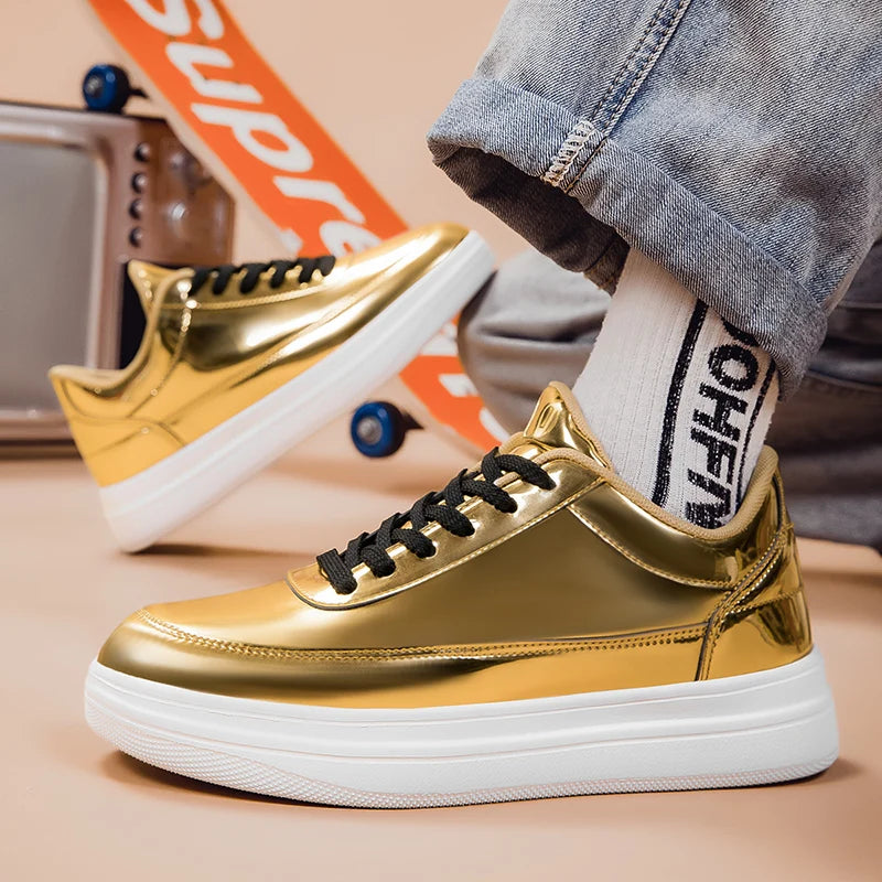 Men's Shiny Gold Patent Leather Skate Sneakers – Lace-Up Low-Top Casual Board Shoes, Sizes 39–47