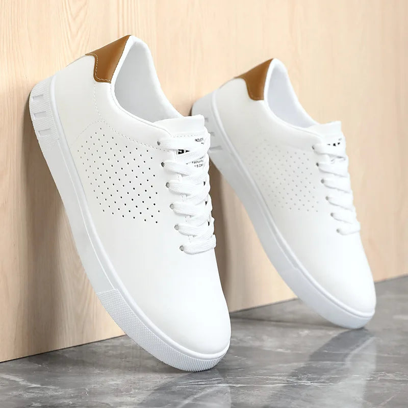 Men's Classic White Leather Casual Sneakers – Breathable Lace-Up Lightweight Walking Shoes