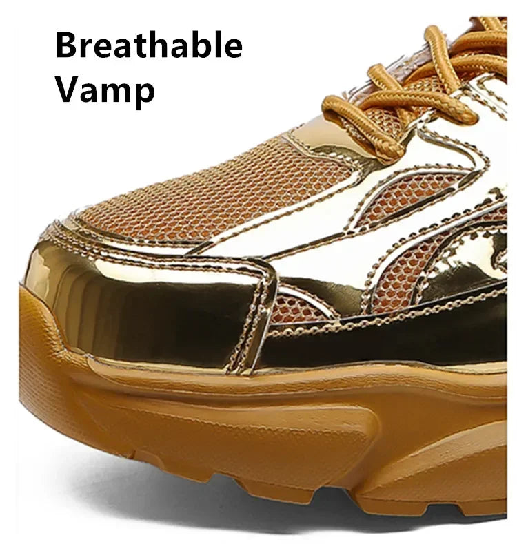 Men's Breathable Casual Sports Sneakers – Comfortable Fashion Platform Running Shoes, Gold, Size 46