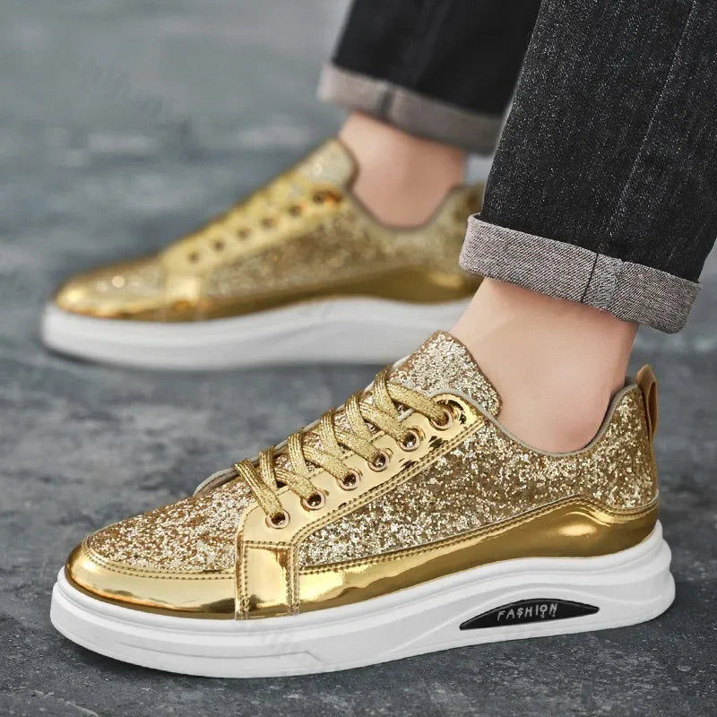 Men's Gold Platform Casual Sneakers – Lace-Up Glitter Fashion Shoes with Vulcanized Sole