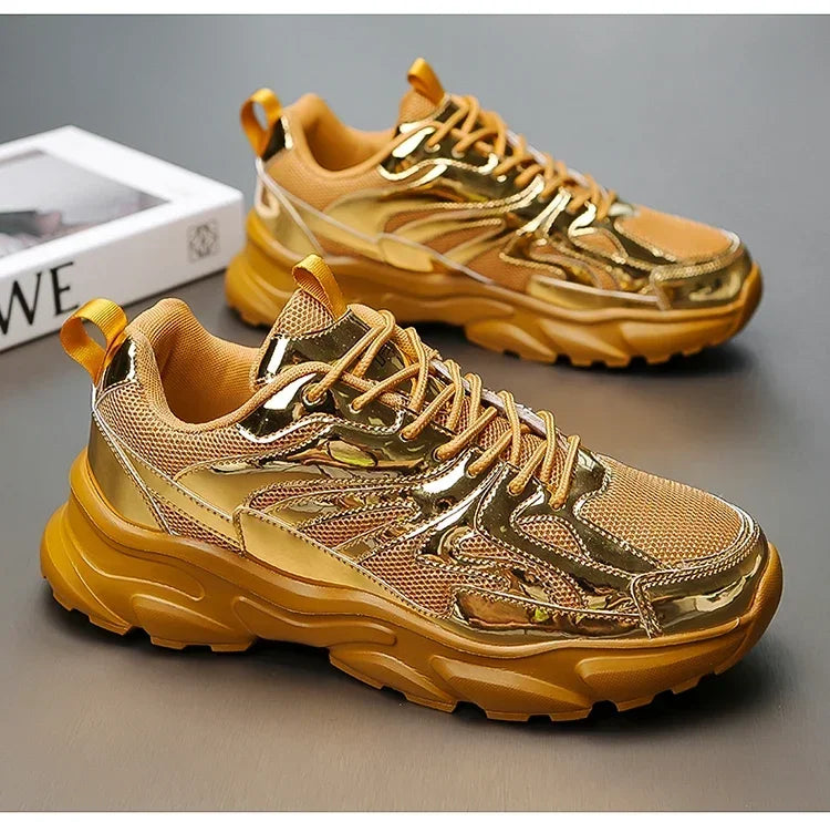 Men's Breathable Casual Sports Sneakers – Comfortable Fashion Platform Running Shoes, Gold, Size 46