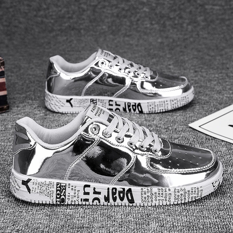 Men's Gold Glitter Casual Sneakers – Flat Sole Lace-Up Streetwear Skate Shoes with Leather Upper