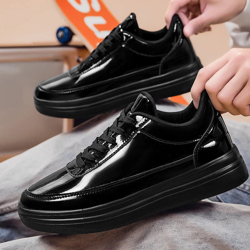 Men's Shiny Gold Patent Leather Skate Sneakers – Lace-Up Low-Top Casual Board Shoes, Sizes 39–47