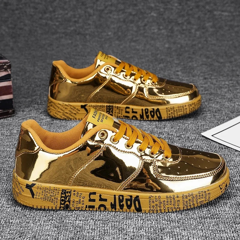 Men's Gold Glitter Casual Sneakers – Flat Sole Lace-Up Streetwear Skate Shoes with Leather Upper