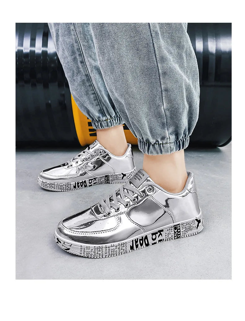 Men's Gold Glitter Casual Sneakers – Flat Sole Lace-Up Streetwear Skate Shoes with Leather Upper