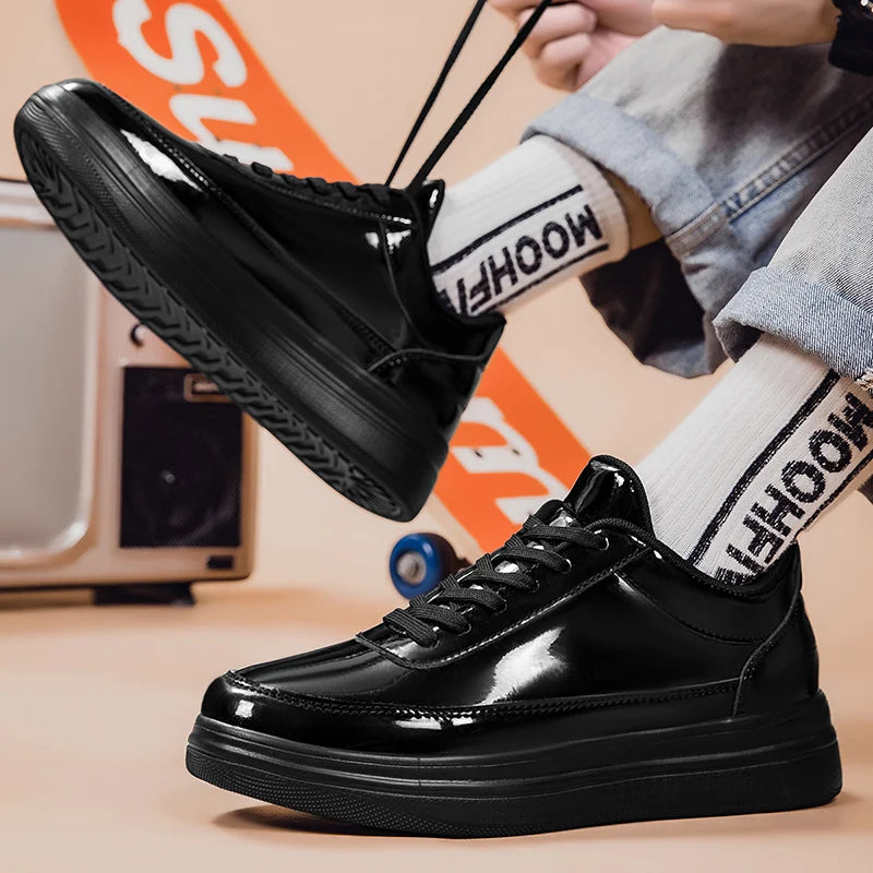 Men's Shiny Gold Patent Leather Skate Sneakers – Lace-Up Low-Top Casual Board Shoes, Sizes 39–47