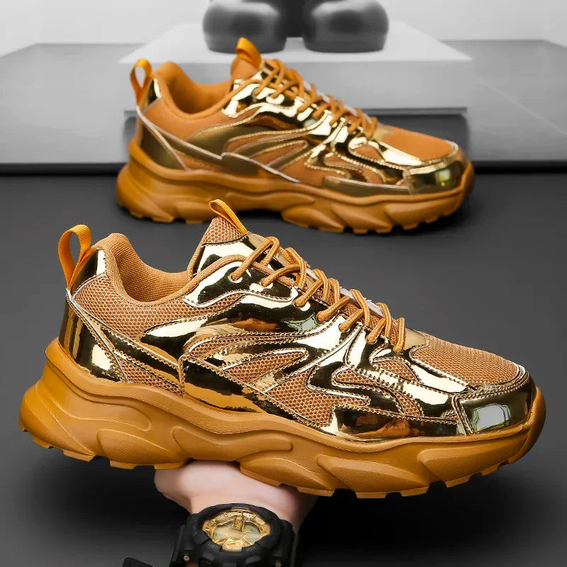 Men's Breathable Casual Sports Sneakers – Comfortable Fashion Platform Running Shoes, Gold, Size 46