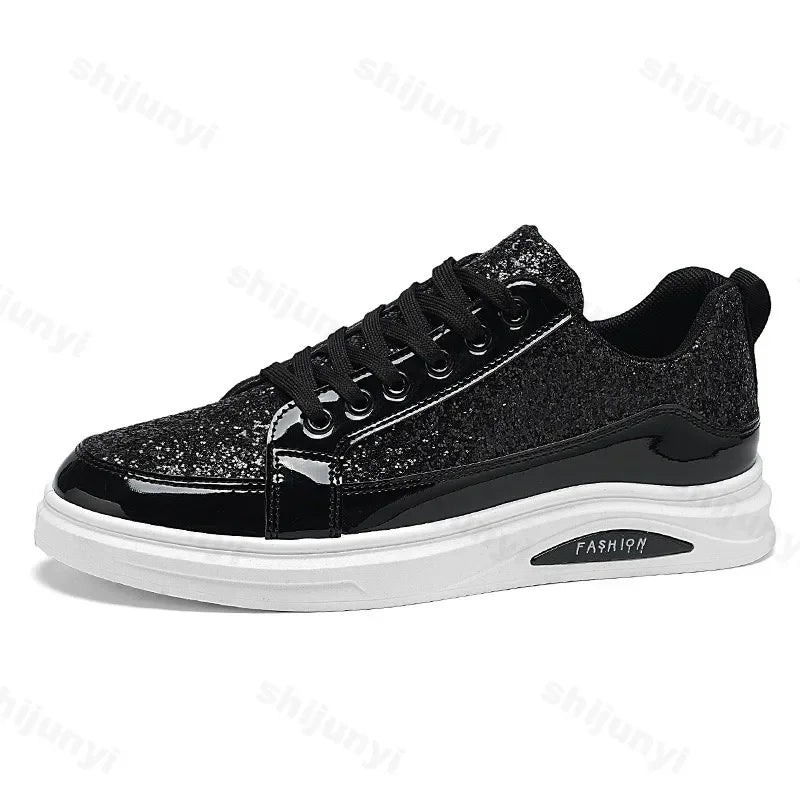 Men's Gold Platform Casual Sneakers – Lace-Up Glitter Fashion Shoes with Vulcanized Sole