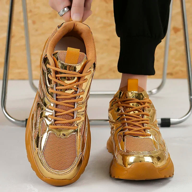 Men's Breathable Casual Sports Sneakers – Comfortable Fashion Platform Running Shoes, Gold, Size 46