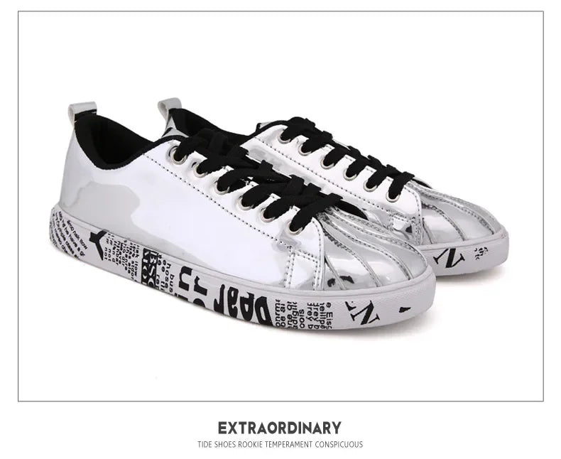Men's Gold Glitter Casual Skate Sneakers – Flat Sole Lace-Up Streetwear Fashion Shoes