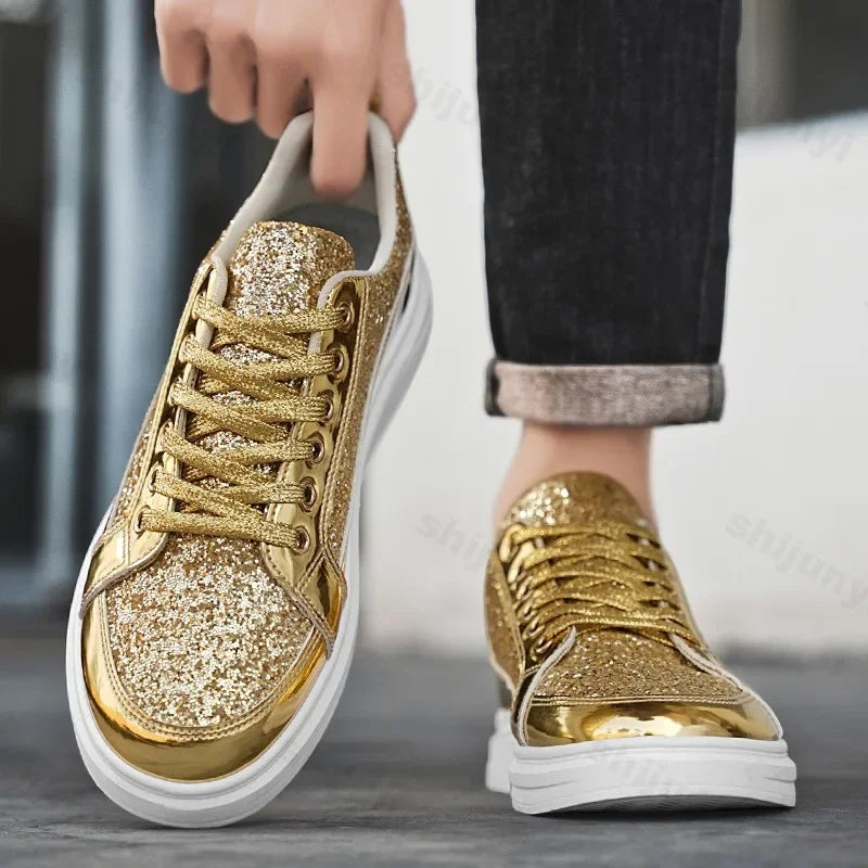 Men's Gold Platform Casual Sneakers – Lace-Up Glitter Fashion Shoes with Vulcanized Sole