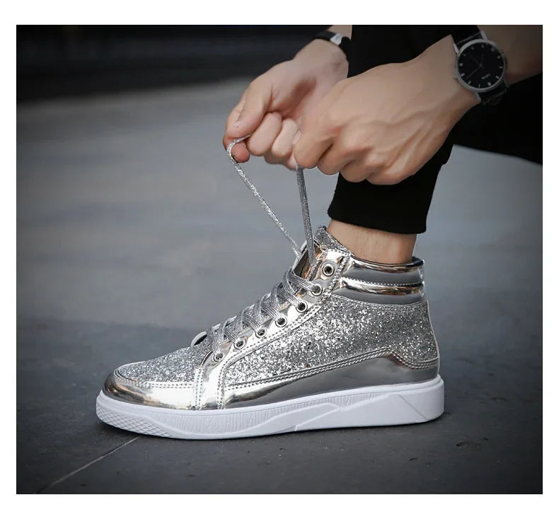 Men's Gold High-Top Casual Sneakers – Shiny Mirror Finish Lace-Up Fashion Streetwear Shoes