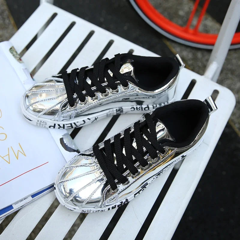 Men's Gold Glitter Casual Skate Sneakers – Flat Sole Lace-Up Streetwear Fashion Shoes