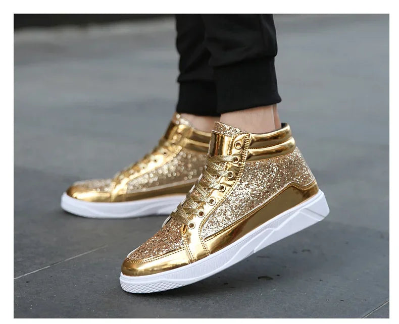 Men's Gold High-Top Casual Sneakers – Shiny Mirror Finish Lace-Up Fashion Streetwear Shoes