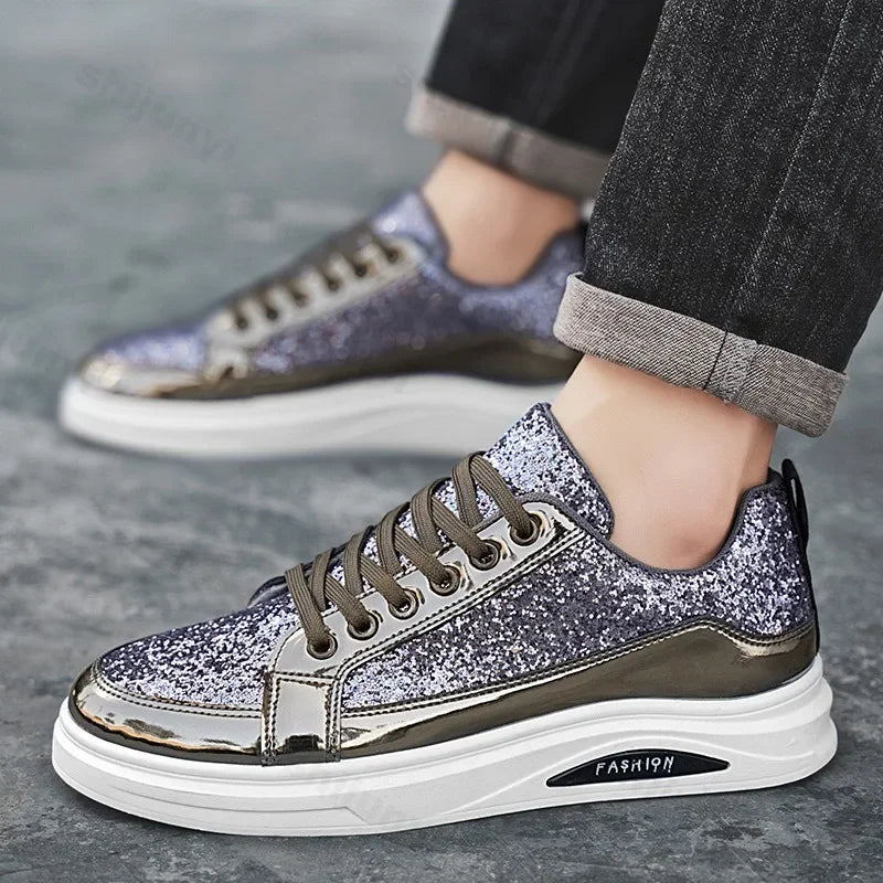 Men's Gold Platform Casual Sneakers – Lace-Up Glitter Fashion Shoes with Vulcanized Sole
