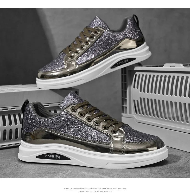 Men's Gold Platform Casual Sneakers – Lace-Up Glitter Fashion Shoes with Vulcanized Sole