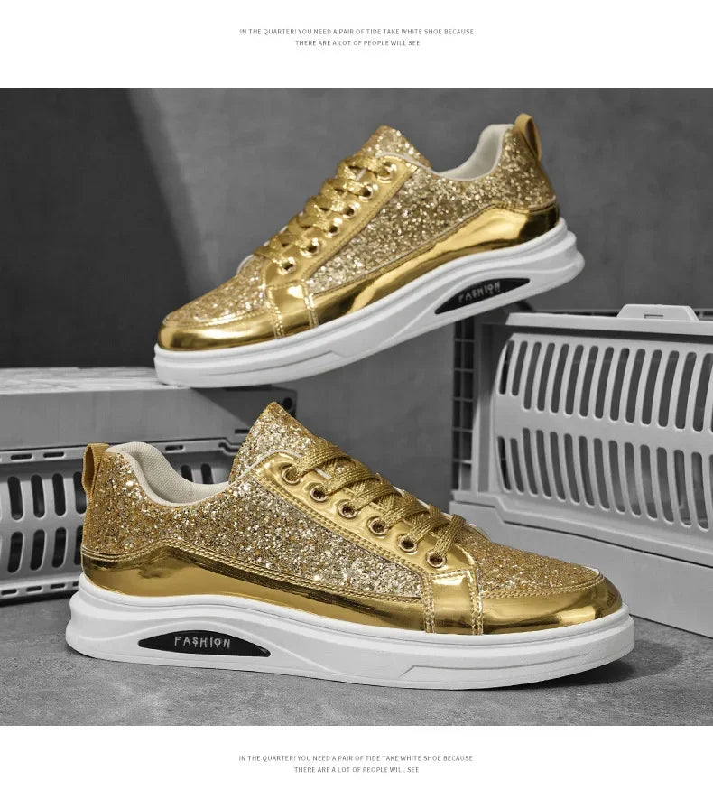 Men's Gold Platform Casual Sneakers – Lace-Up Glitter Fashion Shoes with Vulcanized Sole