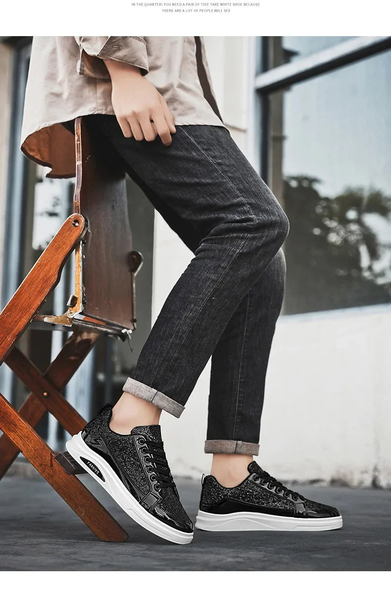 Men's Gold Platform Casual Sneakers – Lace-Up Glitter Fashion Shoes with Vulcanized Sole