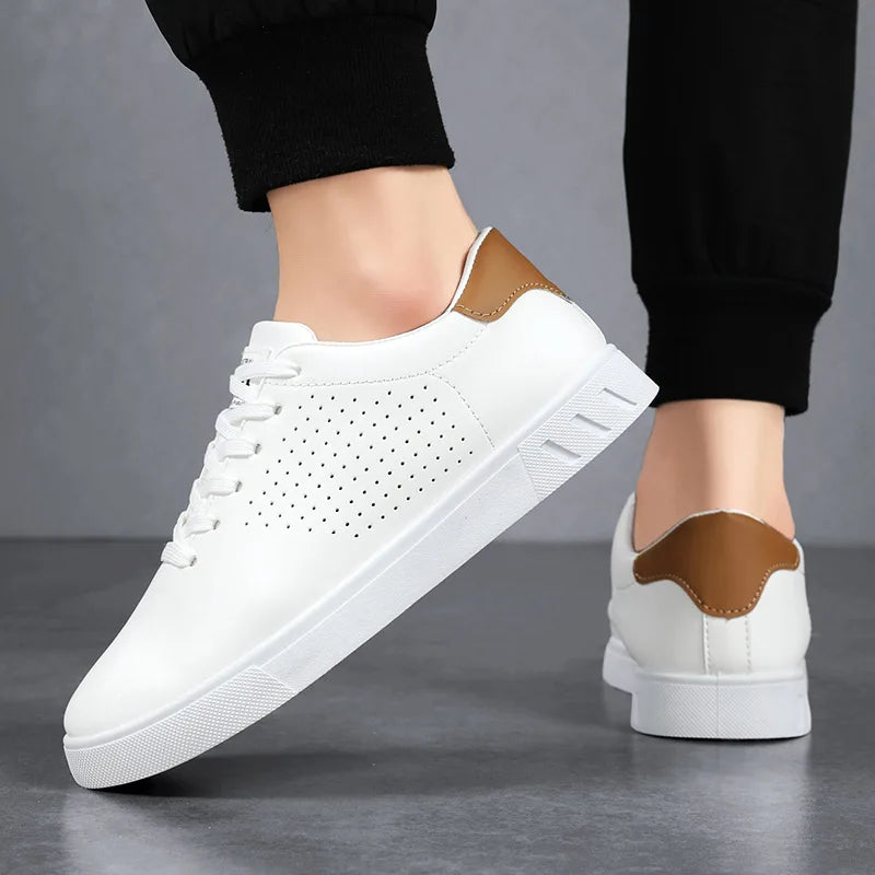 Men's Classic White Leather Casual Sneakers – Breathable Lace-Up Lightweight Walking Shoes