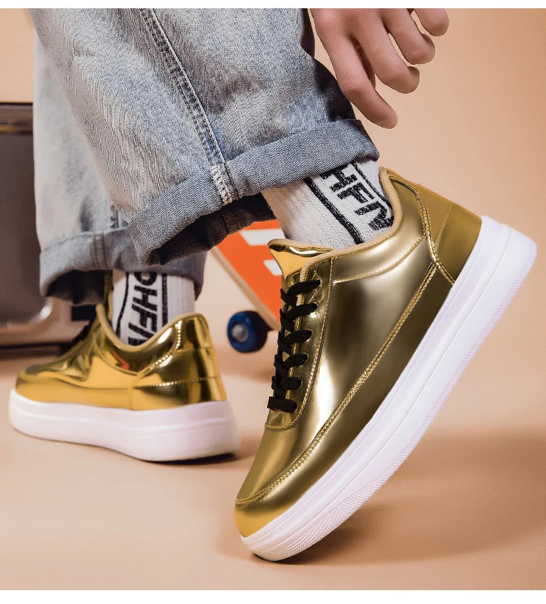 Men's Shiny Gold Patent Leather Skate Sneakers – Lace-Up Low-Top Casual Board Shoes, Sizes 39–47