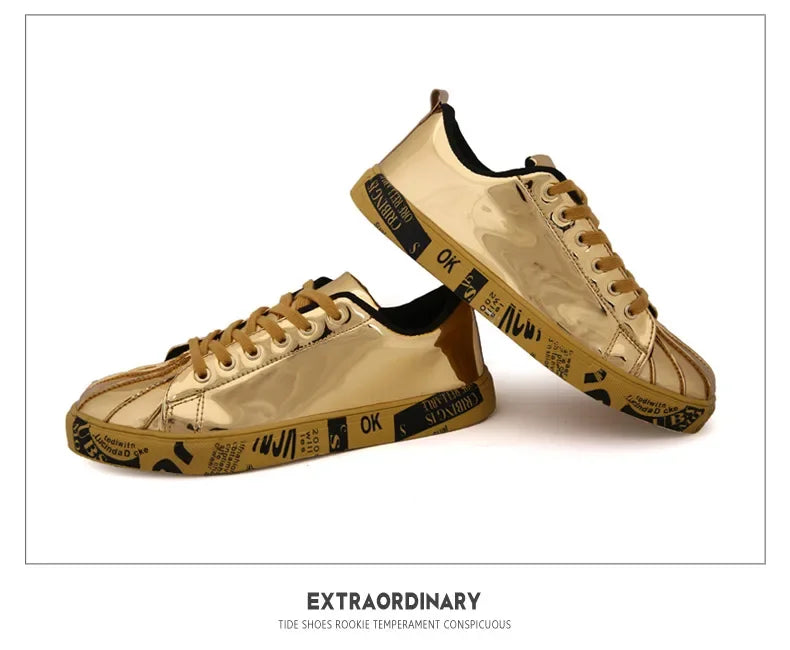 Men's Gold Glitter Casual Skate Sneakers – Flat Sole Lace-Up Streetwear Fashion Shoes