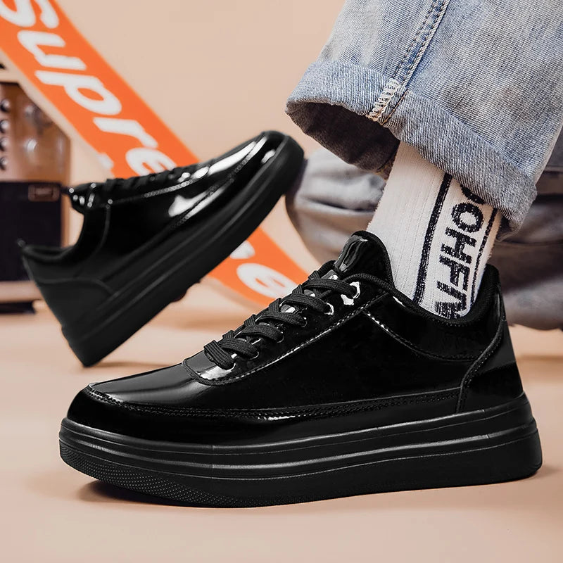 Men's Shiny Gold Patent Leather Skate Sneakers – Lace-Up Low-Top Casual Board Shoes, Sizes 39–47