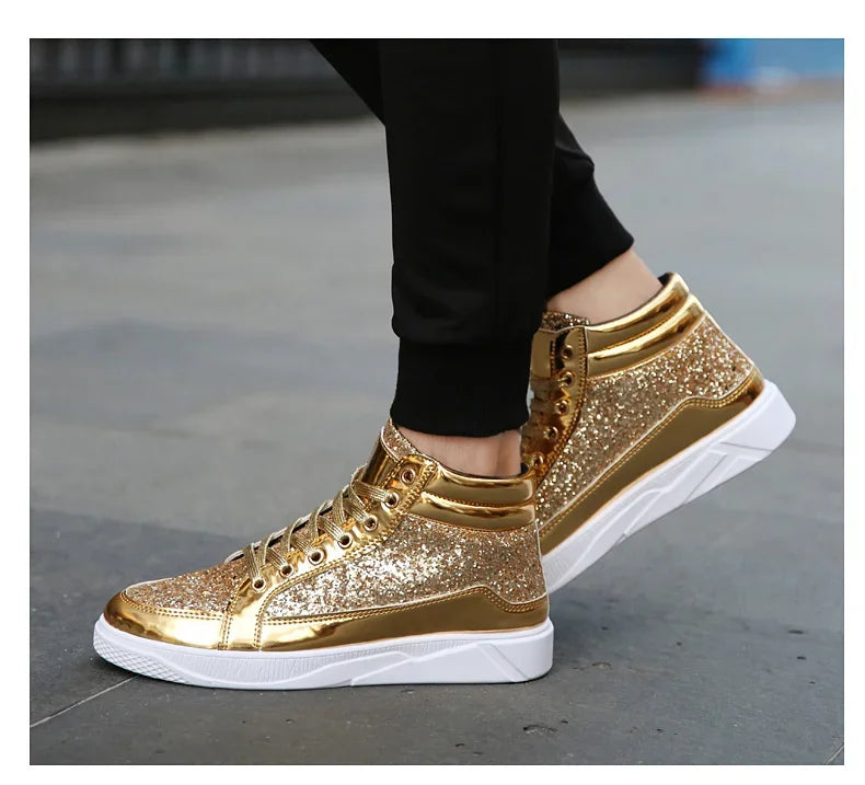 Men's Gold High-Top Casual Sneakers – Shiny Mirror Finish Lace-Up Fashion Streetwear Shoes