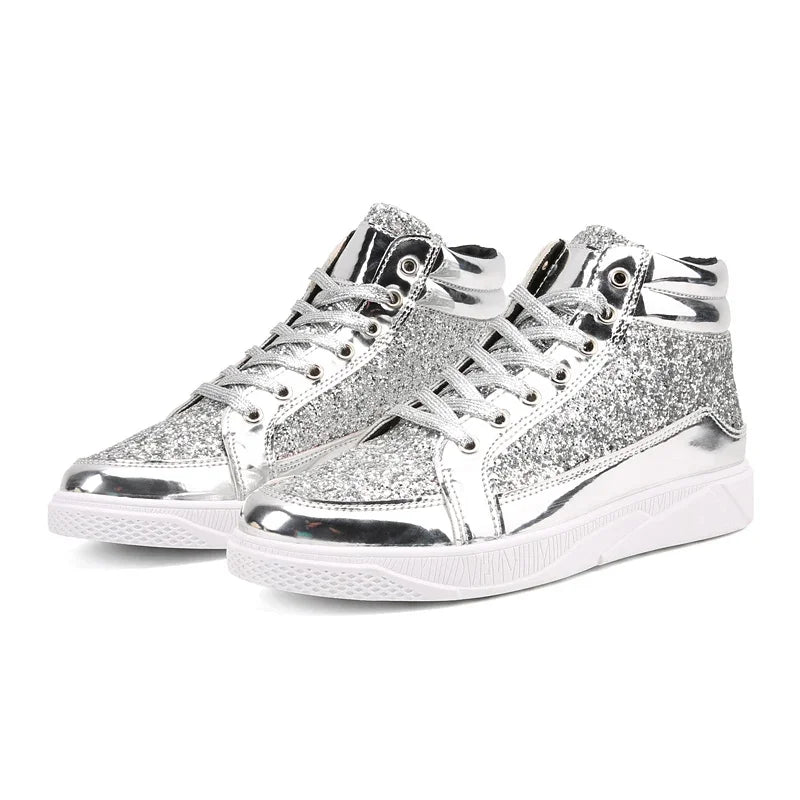 Men's Gold High-Top Casual Sneakers – Shiny Mirror Finish Lace-Up Fashion Streetwear Shoes