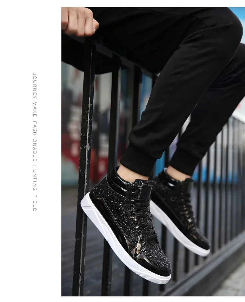 Men's Gold High-Top Casual Sneakers – Shiny Mirror Finish Lace-Up Fashion Streetwear Shoes