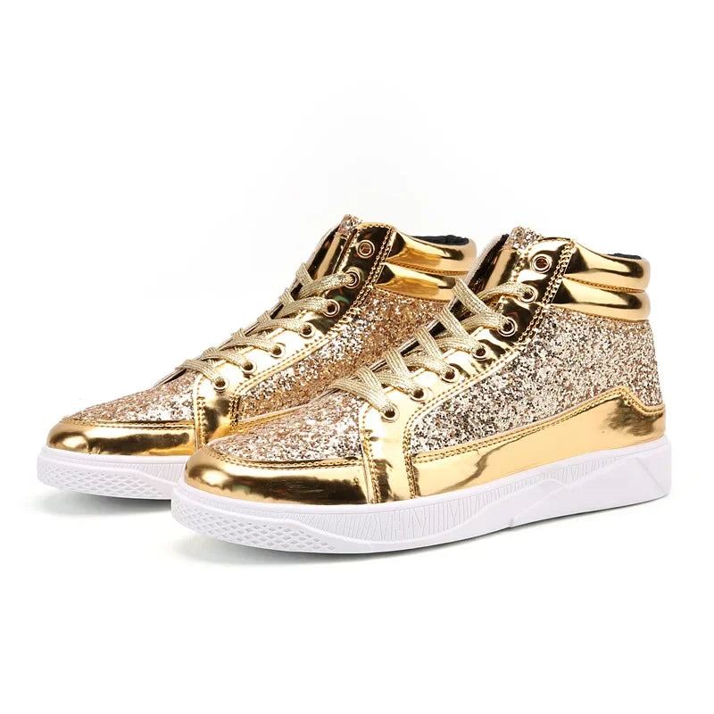 Men's Gold High-Top Casual Sneakers – Shiny Mirror Finish Lace-Up Fashion Streetwear Shoes