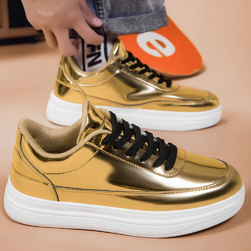 Men's Shiny Gold Patent Leather Skate Sneakers – Lace-Up Low-Top Casual Board Shoes, Sizes 39–47