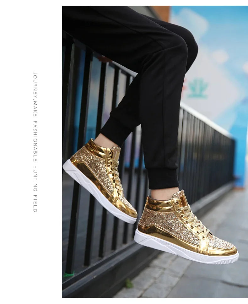 Men's Gold High-Top Casual Sneakers – Shiny Mirror Finish Lace-Up Fashion Streetwear Shoes
