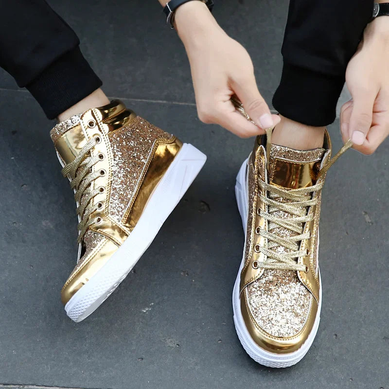 Men's Gold High-Top Casual Sneakers – Shiny Mirror Finish Lace-Up Fashion Streetwear Shoes