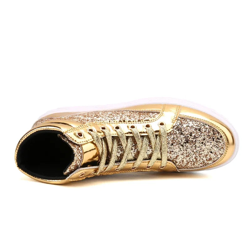 Men's Gold High-Top Casual Sneakers – Shiny Mirror Finish Lace-Up Fashion Streetwear Shoes