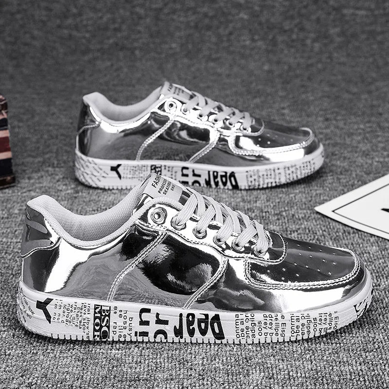 Men's Gold Glitter Casual Sneakers – Flat Sole Lace-Up Streetwear Skate Shoes with Leather Upper