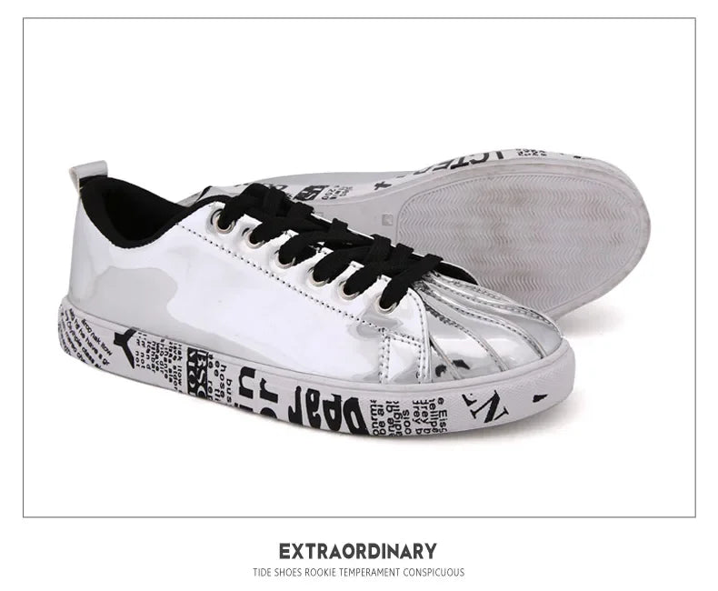 Men's Gold Glitter Casual Skate Sneakers – Flat Sole Lace-Up Streetwear Fashion Shoes
