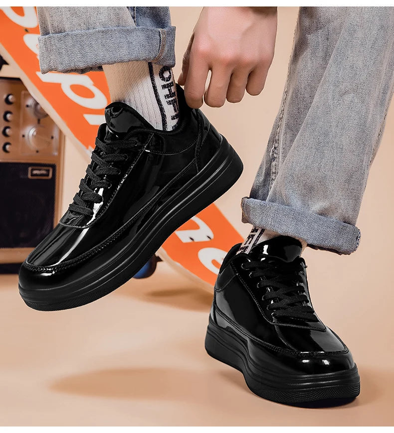 Men's Shiny Gold Patent Leather Skate Sneakers – Lace-Up Low-Top Casual Board Shoes, Sizes 39–47