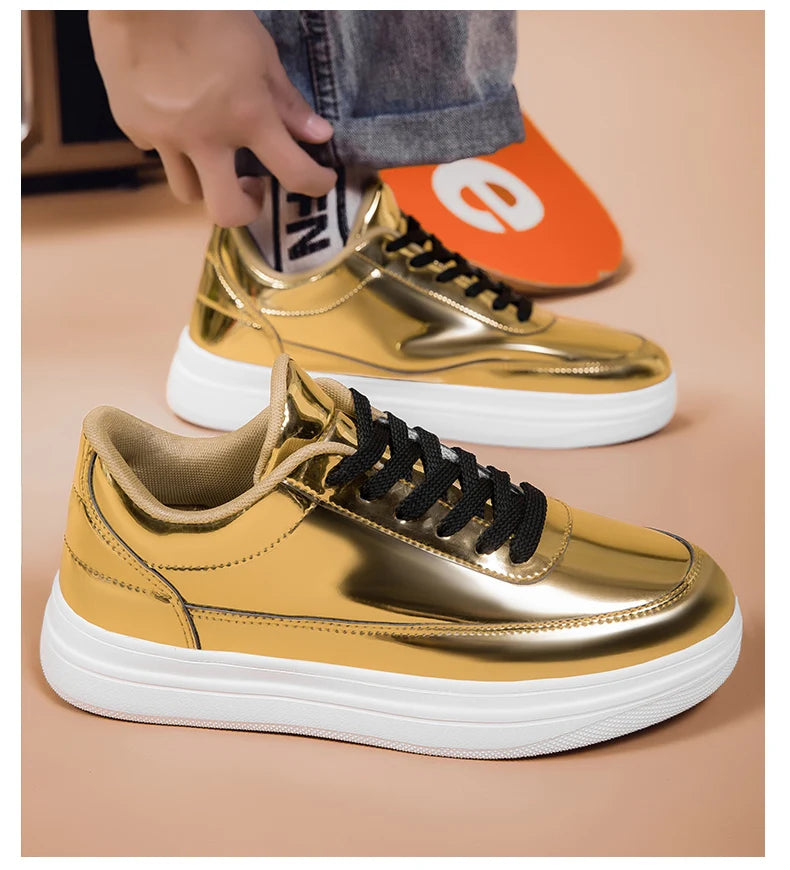 Men's Shiny Gold Patent Leather Skate Sneakers – Lace-Up Low-Top Casual Board Shoes, Sizes 39–47
