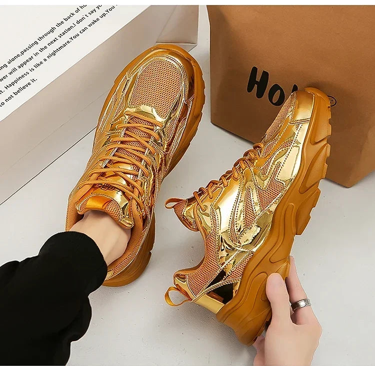 Men's Breathable Casual Sports Sneakers – Comfortable Fashion Platform Running Shoes, Gold, Size 46