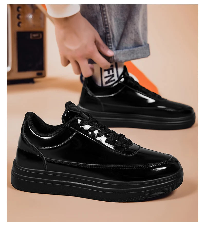Men's Shiny Gold Patent Leather Skate Sneakers – Lace-Up Low-Top Casual Board Shoes, Sizes 39–47