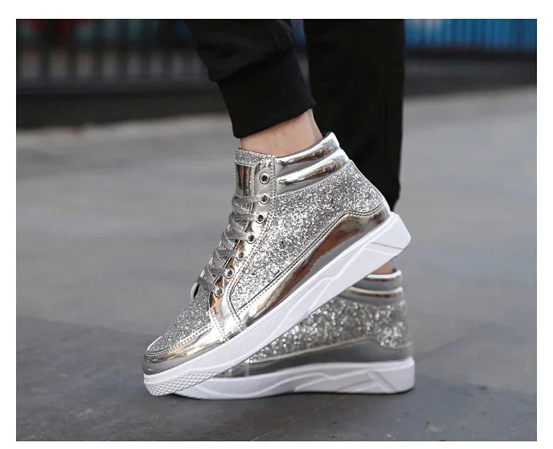 Men's Gold High-Top Casual Sneakers – Shiny Mirror Finish Lace-Up Fashion Streetwear Shoes