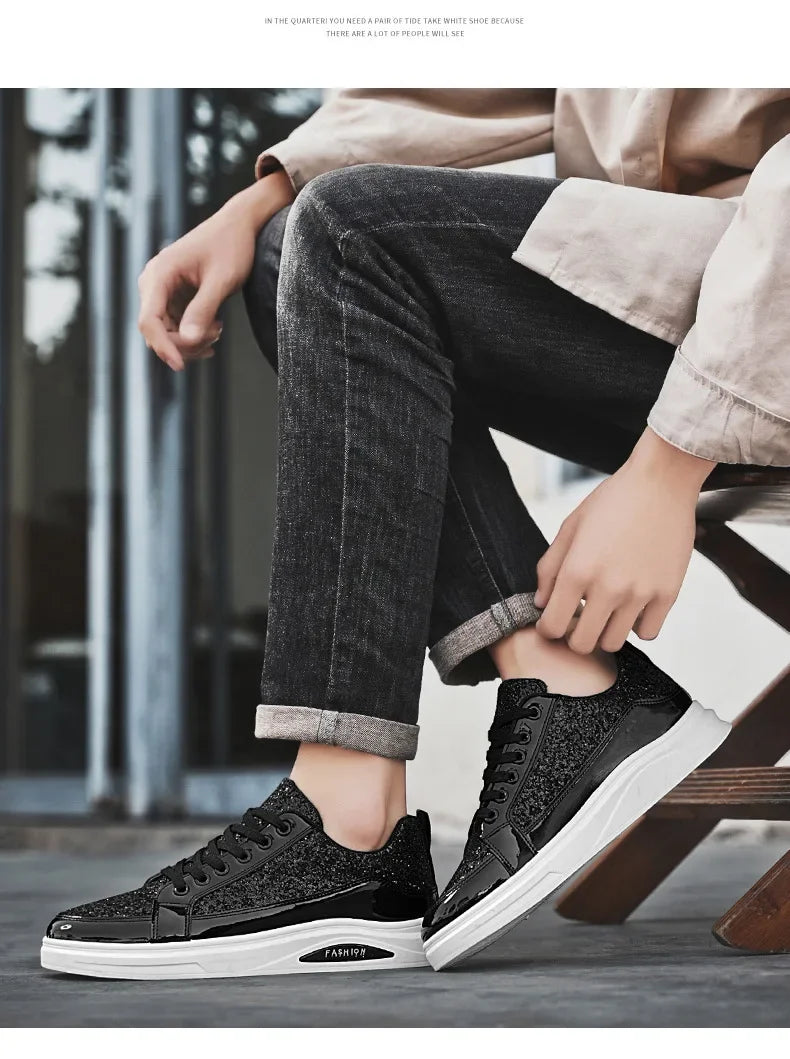 Men's Gold Platform Casual Sneakers – Lace-Up Glitter Fashion Shoes with Vulcanized Sole