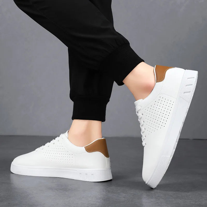 Men's Classic White Leather Casual Sneakers – Breathable Lace-Up Lightweight Walking Shoes