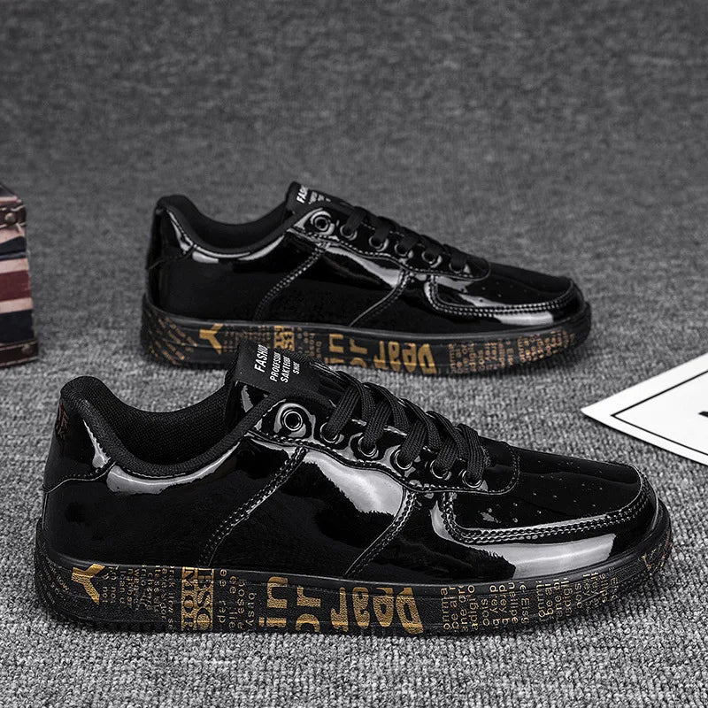 Men's Gold Glitter Casual Sneakers – Flat Sole Lace-Up Streetwear Skate Shoes with Leather Upper