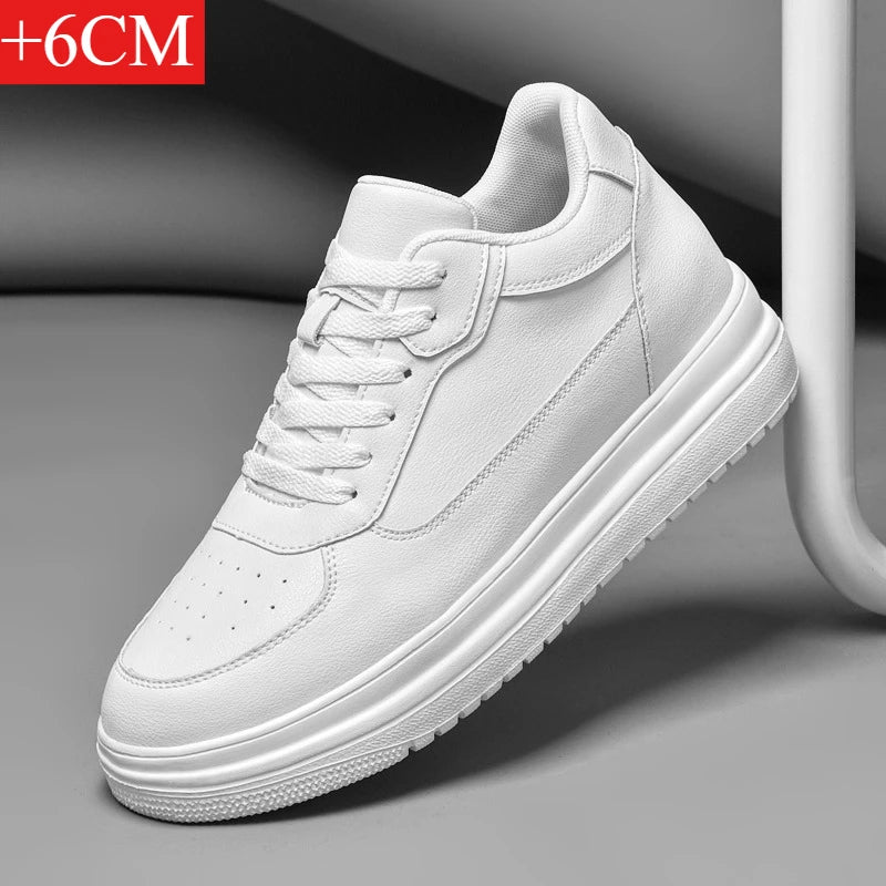 Men's Invisible Height-Increasing Trainers – White Leather Sport Shoes with 6–10 cm Lift (EU 36–46)