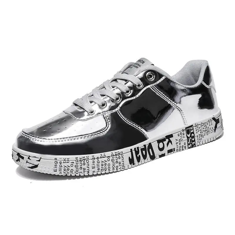 Men's Gold Glitter Casual Sneakers – Flat Sole Lace-Up Streetwear Skate Shoes with Leather Upper